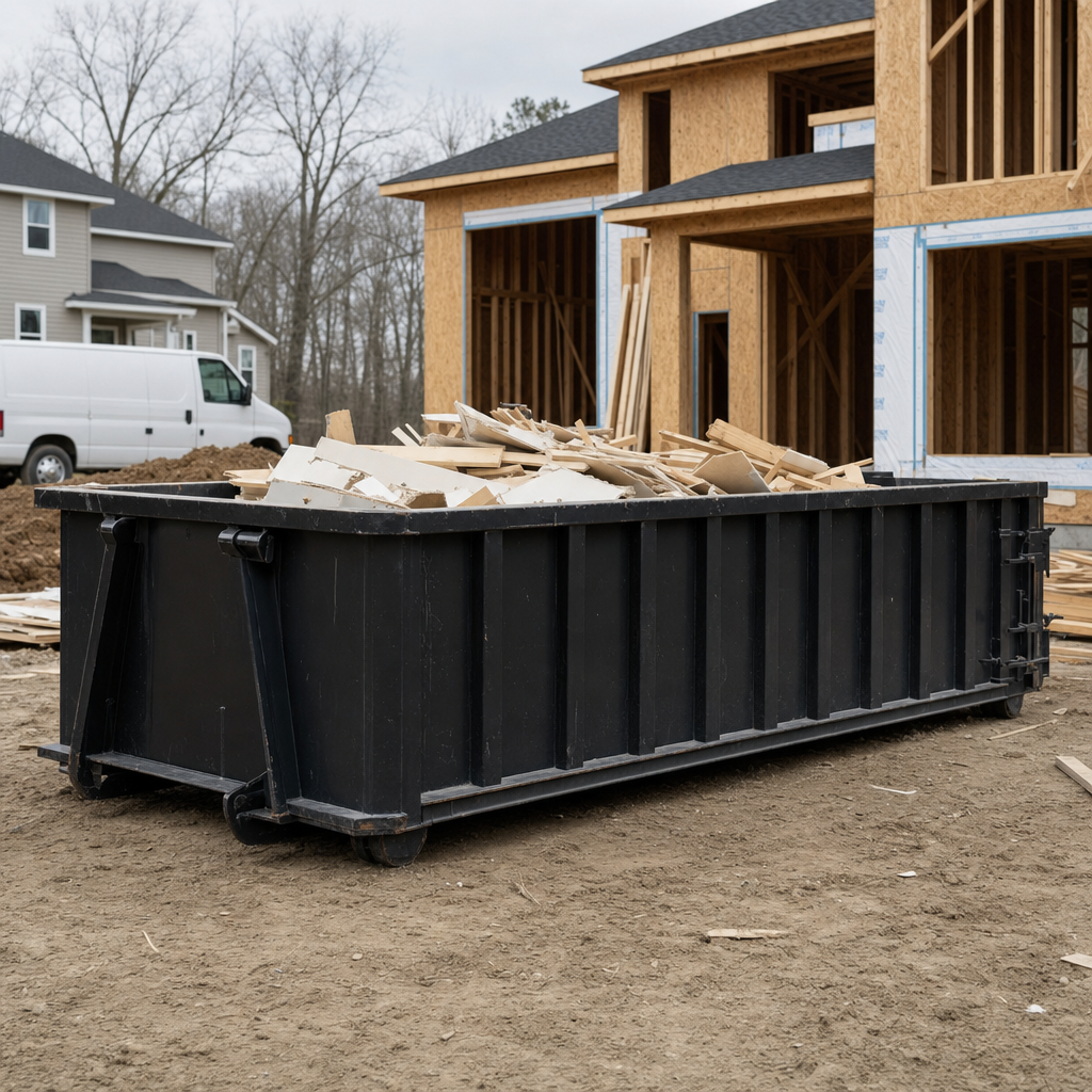 Worker in a yellow high-visibility vest tossing framing lumber and broken drywall into a matte-black 30-yard construction roll-off dumpster on an active build site in Midland, bright daylight