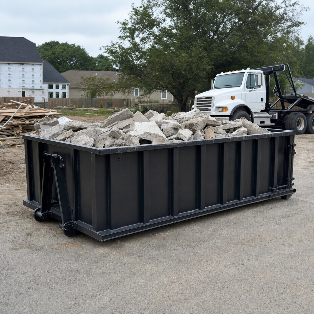 Low-profile matte-black lowboy roll-off dumpster loaded with broken concrete slab and rebar at a foundation tear-out in Midland, skid steer parked beside it, sunny Colorado morning