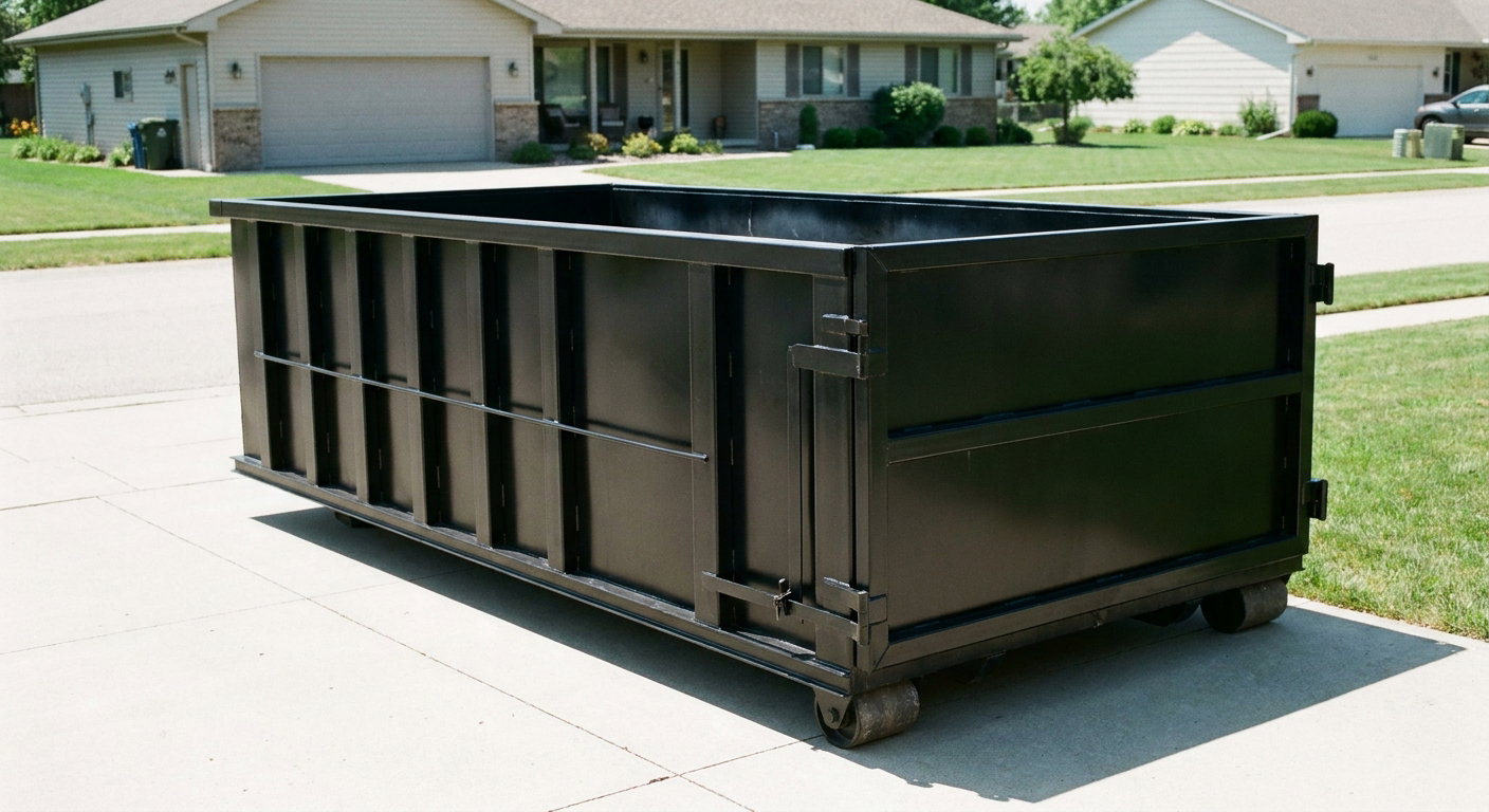 Matte-black 10-yard roll-off dumpster on a residential concrete driveway in Midland, uniformly painted matte black across every panel and rail, ribbed steel sidewalls and rear swing door visible, mid-day daylight.