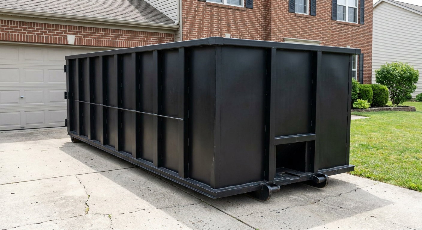 Matte-black 20-yard roll-off container on a Midland residential concrete driveway with reinforced ribbed steel sidewalls and a hinged rear walk-in door, clean bright daylight.