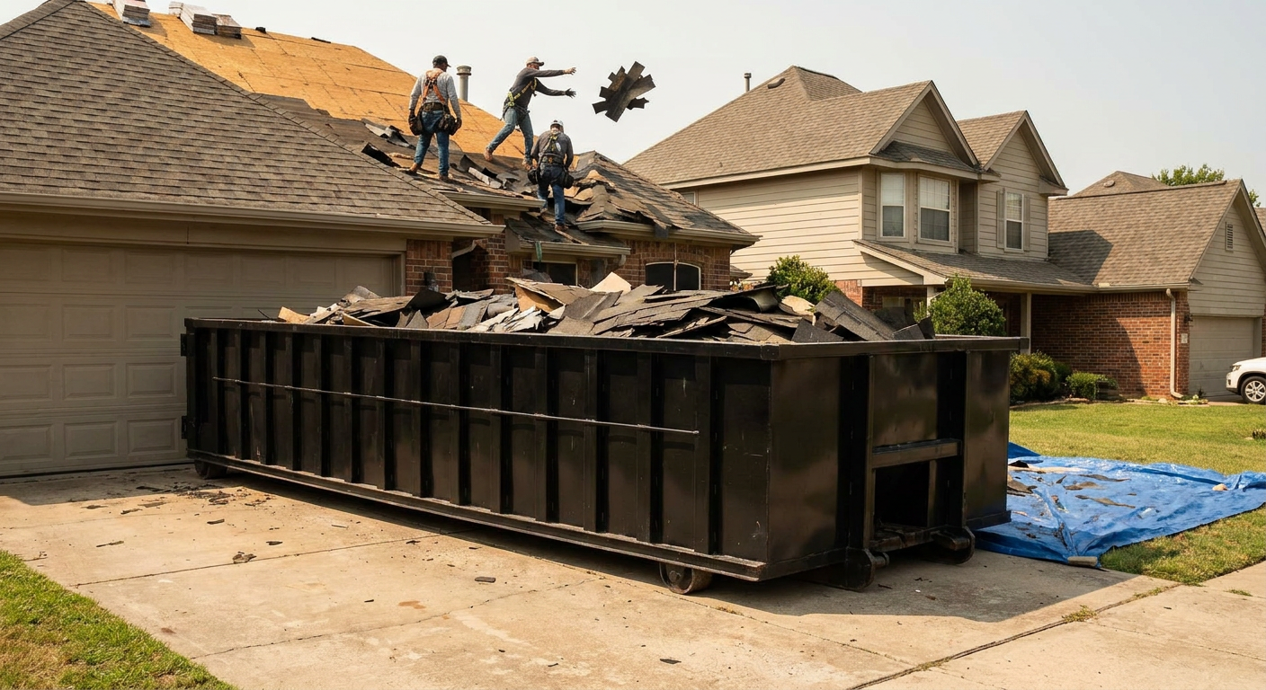Matte-black roofing roll-off dumpster placed directly on a Midland residential concrete driveway, a tear-off crew on a two-story asphalt-shingle roof tossing shingle bundles into the low-walled container, bright daylight, documentary 35mm perspective.