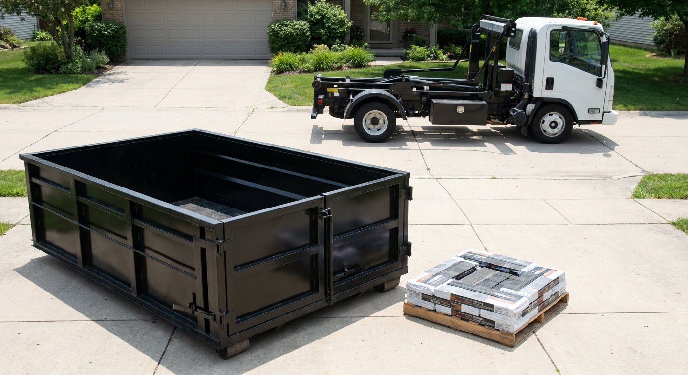 Matte-black 15-yard roofing roll-off dumpster with reinforced low side walls sitting directly on a Midland residential concrete driveway, three-tab asphalt shingle bundles stacked nearby, an unmarked white hauler truck partially visible at the edge of the frame.