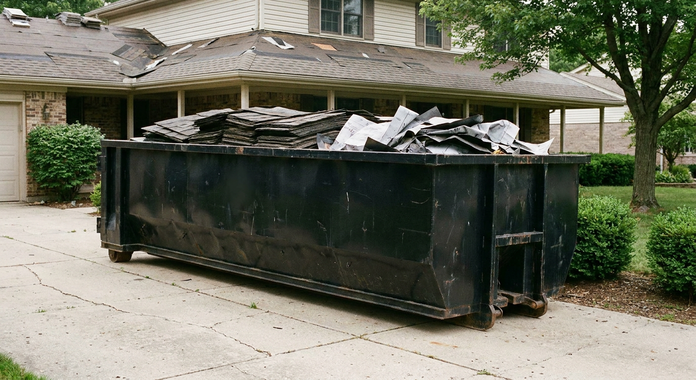 Matte-black 30-yard roofing roll-off dumpster sitting directly on a Midland concrete driveway, taller ribbed steel side panels, mixed tear-off debris of asphalt shingles and underlayment inside, professional documentary daylight.