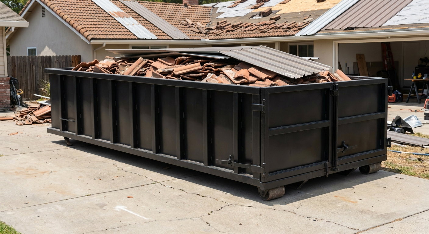 Matte-black low-wall heavy-debris roofing roll-off dumpster sitting directly on a Midland concrete driveway, broken concrete clay roof tiles and metal panel sections loaded inside, reinforced ribbed steel side walls visible, bright outdoor daylight.