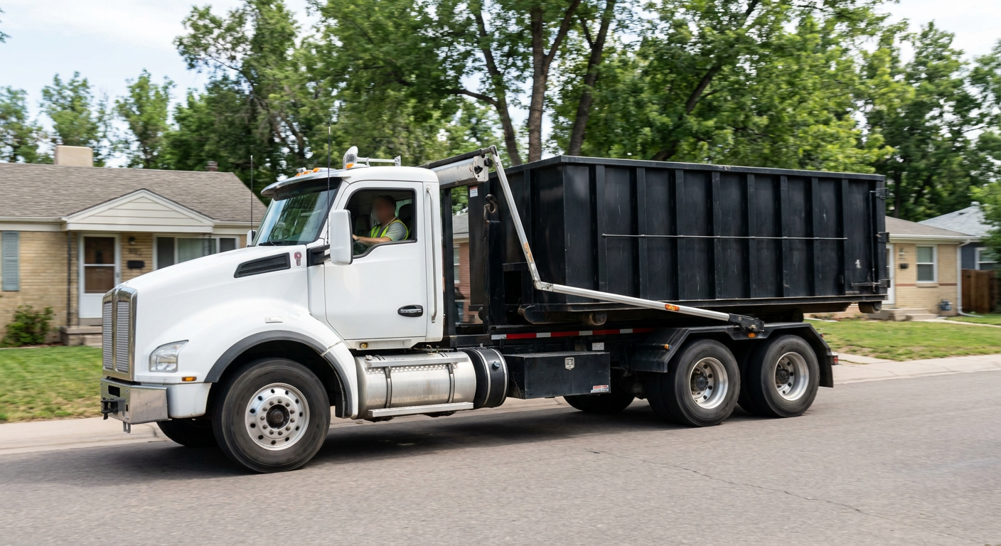 A wide documentary shot of a matte-black roll-off delivery truck pulling onto a quiet Midland residential street at mid-morning, with neighborhood rooftops and tree-lined blocks visible behind, showing the metro coverage footprint.
