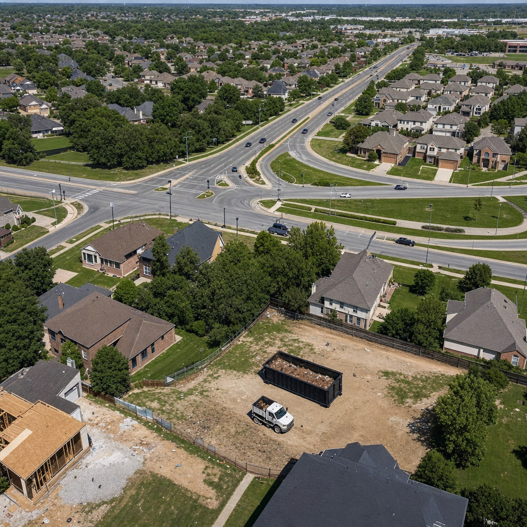An overhead documentary view of the Midland metro area at midday, showing the spread of neighborhoods, arterial roads, and the dispatch radius from a central yard — clean daylight, organized geographic layout.