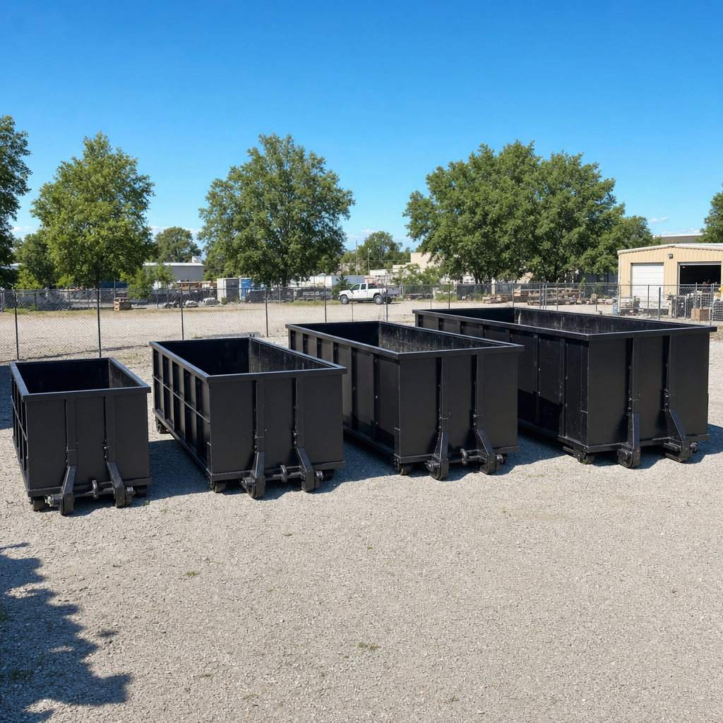 A clean lineup of matte-black roll-off dumpsters in 10, 20, 30, and 40-yard sizes staged on a sunlit gravel yard in Midland, showing the size progression from compact to commercial-scale containers.