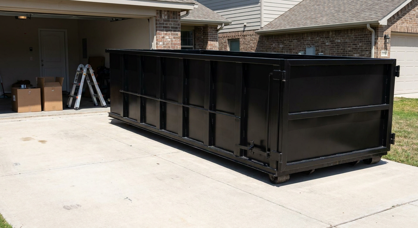 A matte-black 10-yard roll-off dumpster sitting directly on a residential Midland concrete driveway, mid-day sunlight, clean and ready for a garage cleanout.