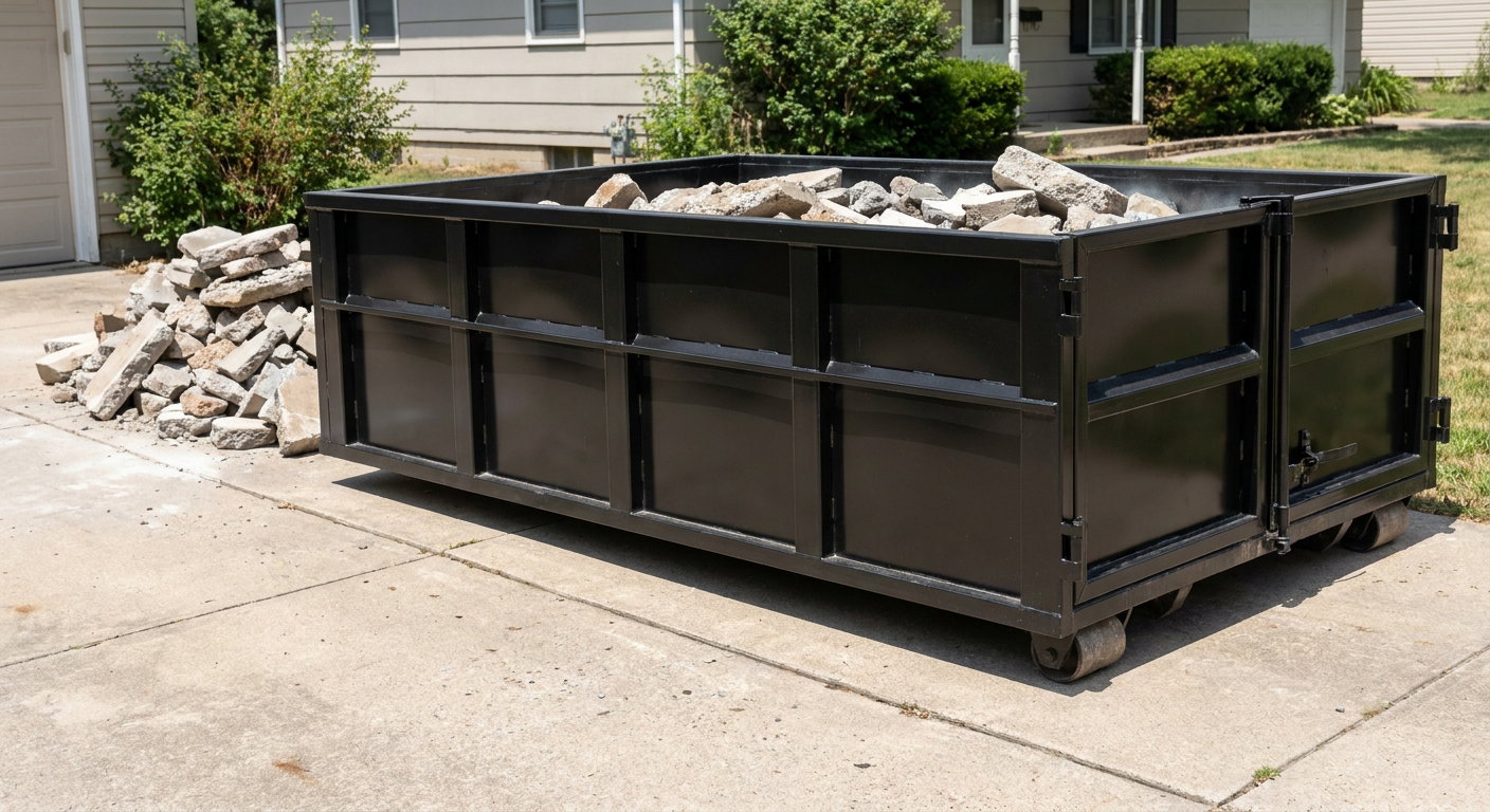 A matte-black low-side heavy-debris roll-off dumpster placed directly on a Midland concrete driveway, with broken concrete chunks neatly stacked beside it under clean daylight.